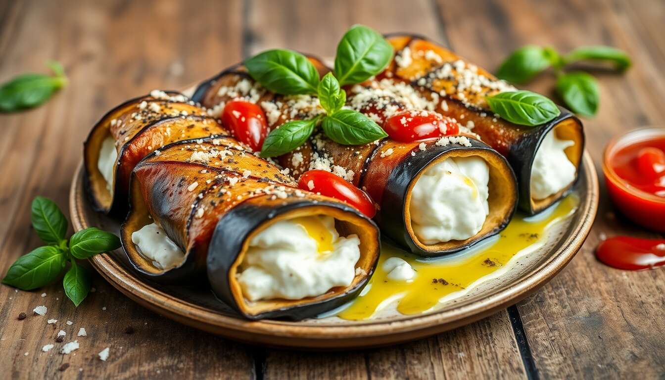 Roulés d'aubergines à la ricotta et au basilic, un avant-goût méditerranéen