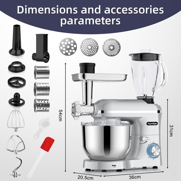 Homlee 3 en 1 Robot Pâtissier,2000W Robot Cuisine Multifonctions,avec Hachoir à viande,1,5 L Extracteur de jus,Kit pour Saucisses,3 Plaques de Broyage,5.5L Bol d'Acier Inoxydable (Argent)