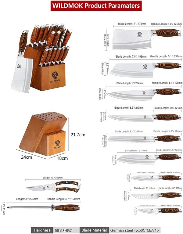 WILDMOK Ensemble de couteaux, bloc de couteaux, avec bloc de manche en bois, couteau de cuisine allemand en acier inoxydable, hachoir à os, ensemble de couteaux professionnels de 17 pièces
