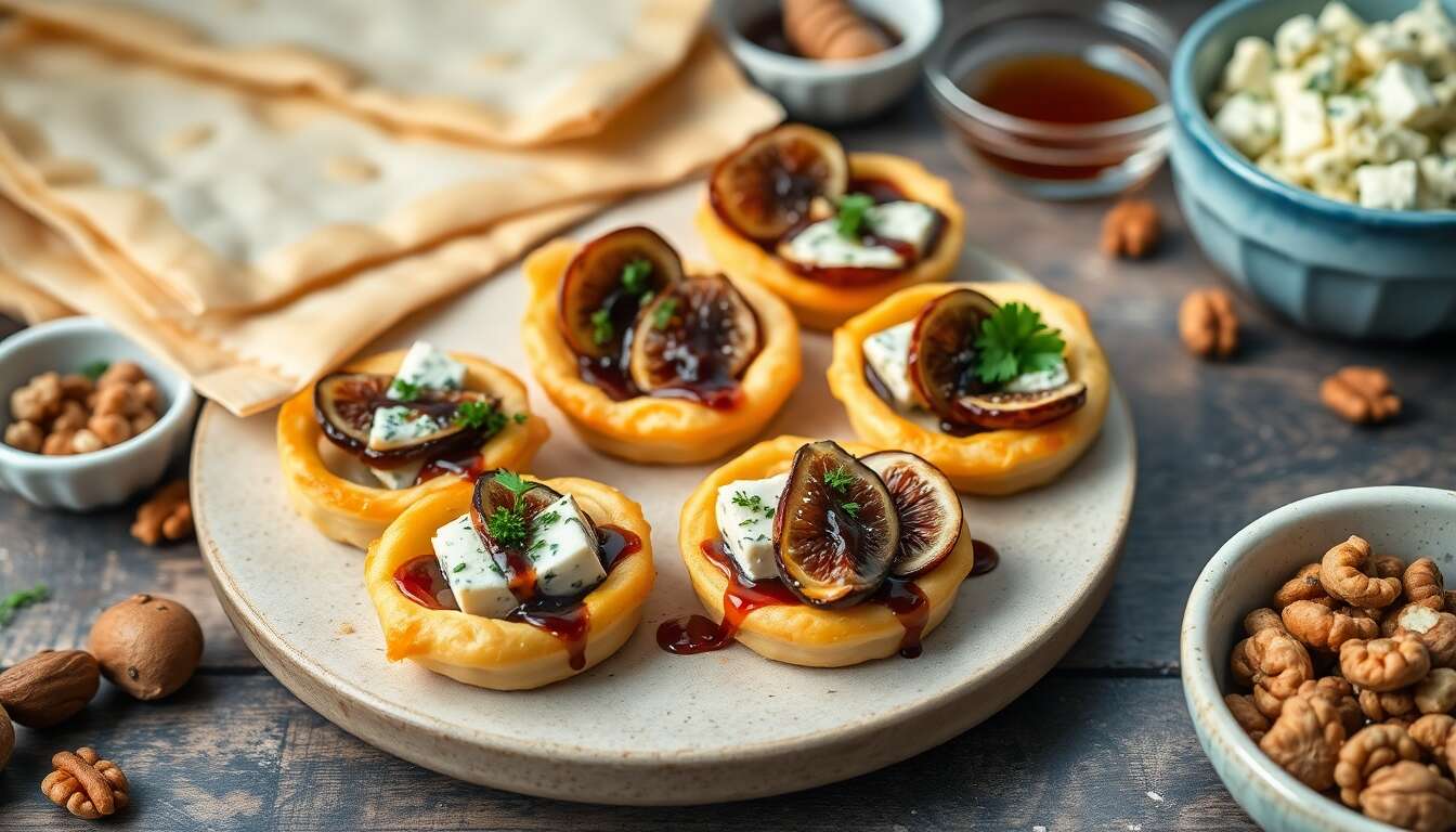 Mini-tartelettes figue et fromage bleu, réduction balsamique