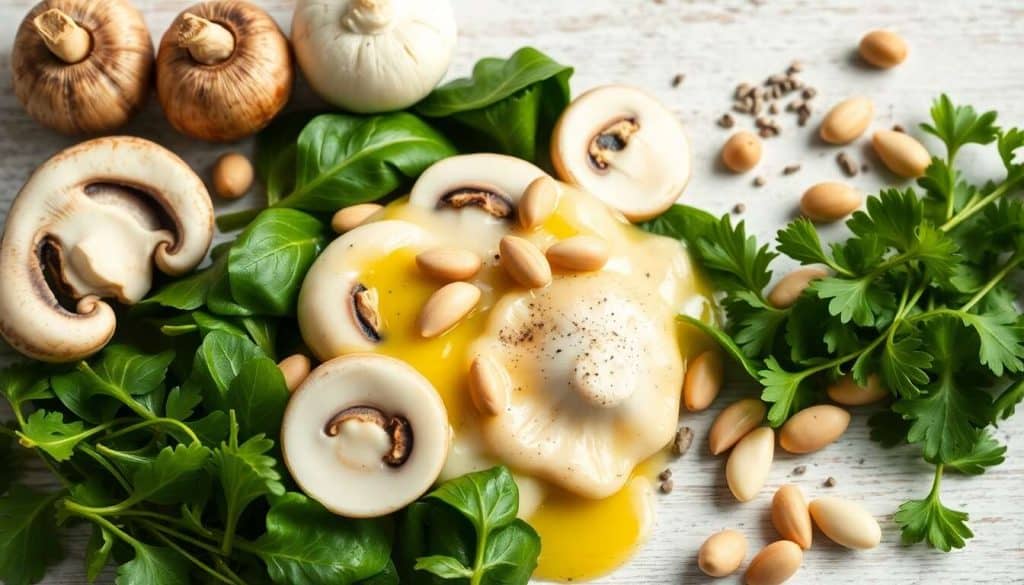 Poêlée gourmande aux champignons, épinards et pignons