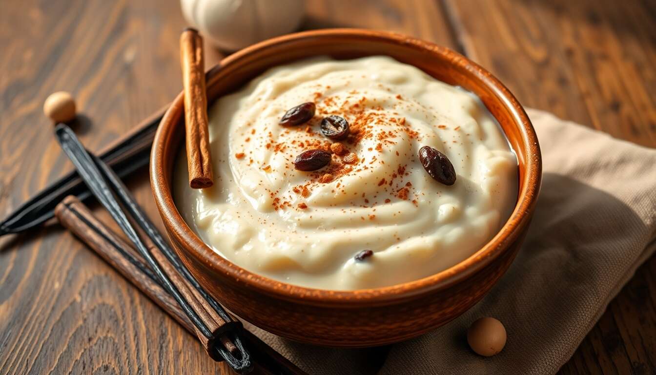 Riz au lait crémeux à la cannelle, raisins secs et éclats de noisettes