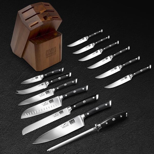 SHAN ZU Ensemble de Couteaux de Cuisine avec Bloc, Set de 14 Couteaux de Chef Allemands Professionnels avec Affûteur Fusil à Aiguiser