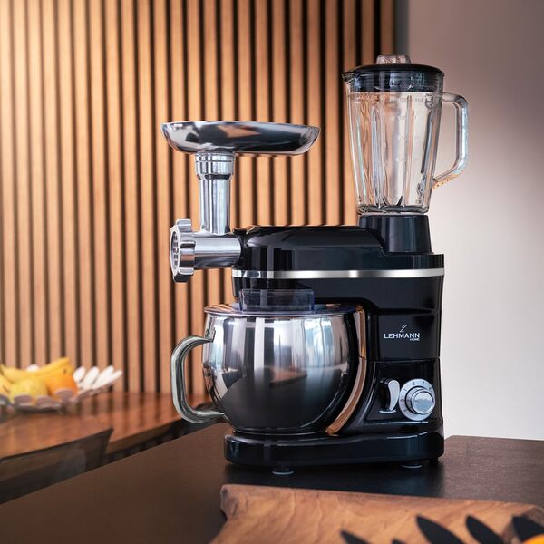 Lehmann Machine de cuisine universelle 3 en 1 | Avec système de battement planétaire | Multifonctionnelle avec hachoir à viande | Presse-agrumes de 1,5 L | Bol en acier inoxydable de 5 L (Noir)