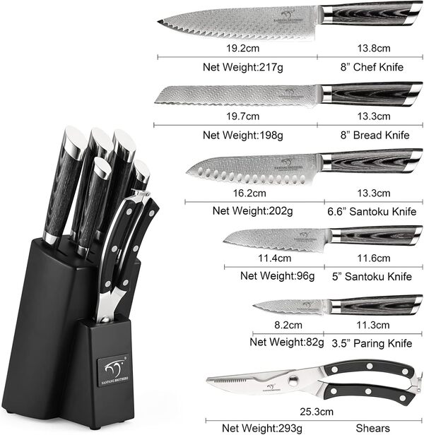 NANFANG BROTHERS Ensemble de Couteaux de Cuisine Damas 7 Pièces, Ensemble de Couteaux de Cuisine Professionnels Japonais VG10 Damas avec Bloc de Couteaux en Hêtre