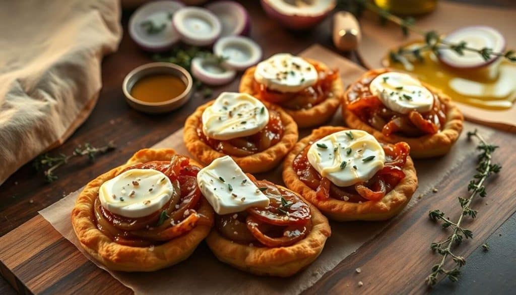 Tartelettes fines aux oignons caramélisés et chèvre chaud