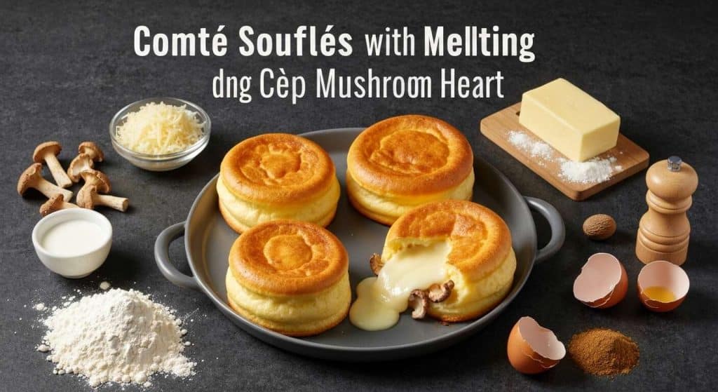 Soufflés au comté avec leur coeur coulant aux cèpes