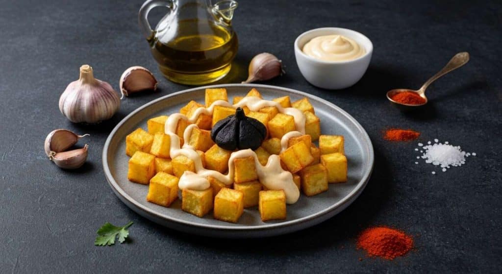 Tapas espagnoles : patatas bravas avec leur aioli à l'ail noir