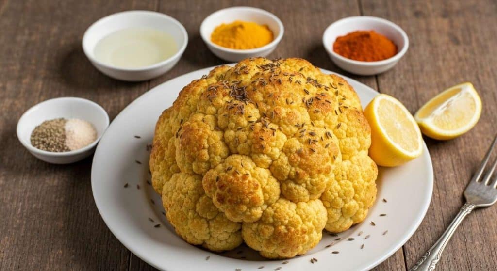 Délice végétalien : chou-fleur entier rôti aux épices indiennes