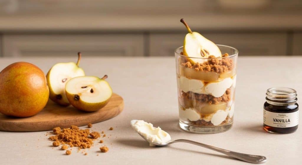 Verrines croquantes spéculoos, poire et mascarpone onctueux