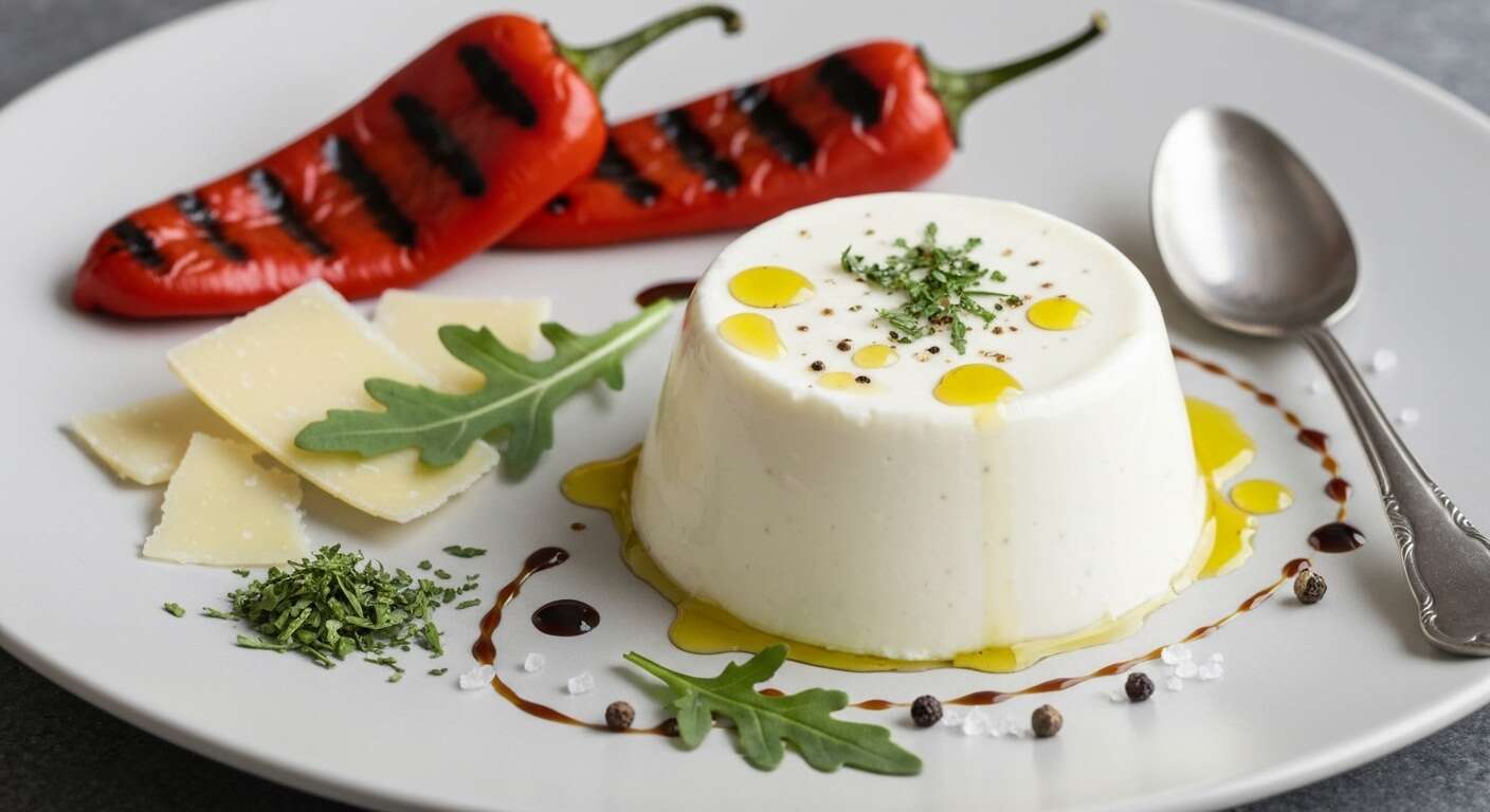 Panna cotta salée aux poivrons rouges et coulis de roquette