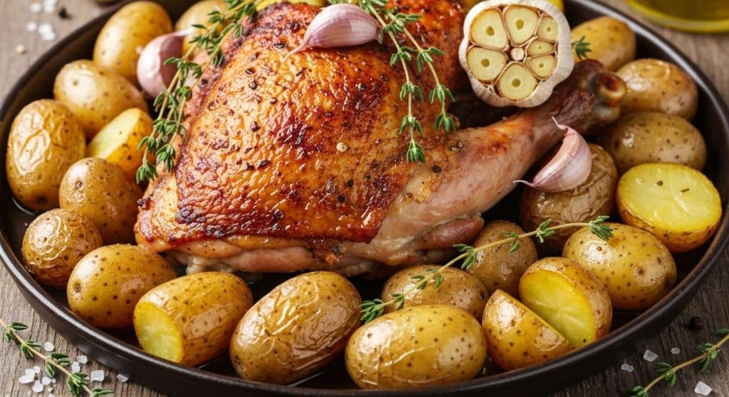 Cuisse de dinde rôtie au thym, ail confit et pommes grenailles