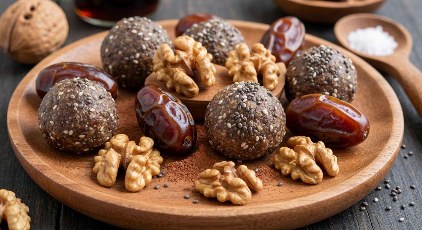Boules énergie aux dattes, noix et cacao cru