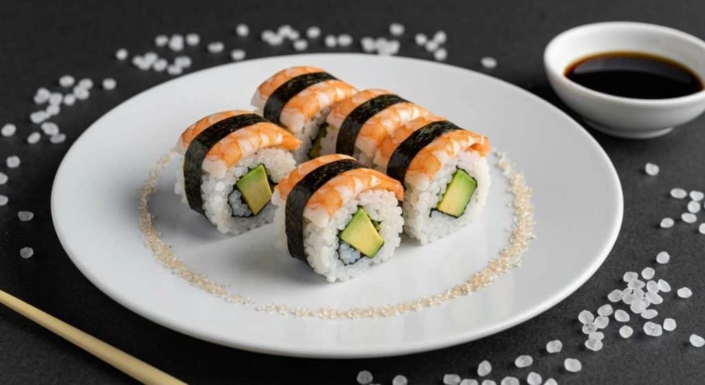 Sushi revisité : duo avocat-crevette en robe de riz vinaigré