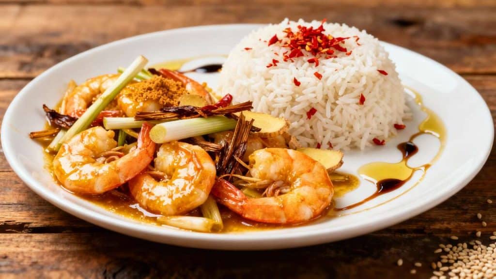 Crevettes sautées à l'ail, gingembre et citronnelle