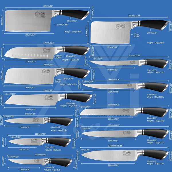 XYJ professionnel couteau de chef set avec sac, fourreau, boucher couteau à viande, découpe de cuisine, santoku, utilitaire, fruits, acier inoxydable
