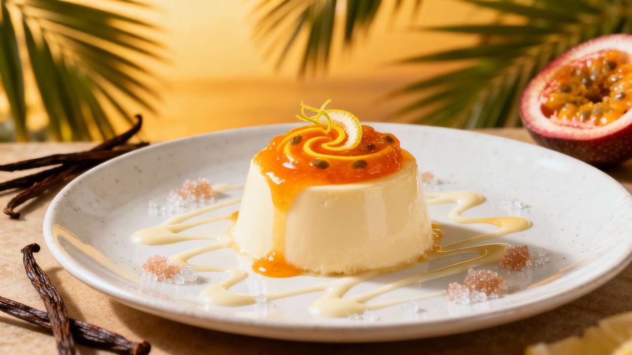 Panna cotta vanille et coulis passion, un voyage tropical