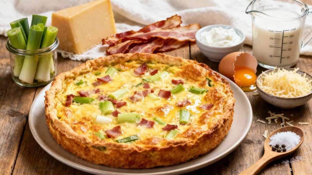 Quiche sans pâte poireaux, lardons fumés et comté