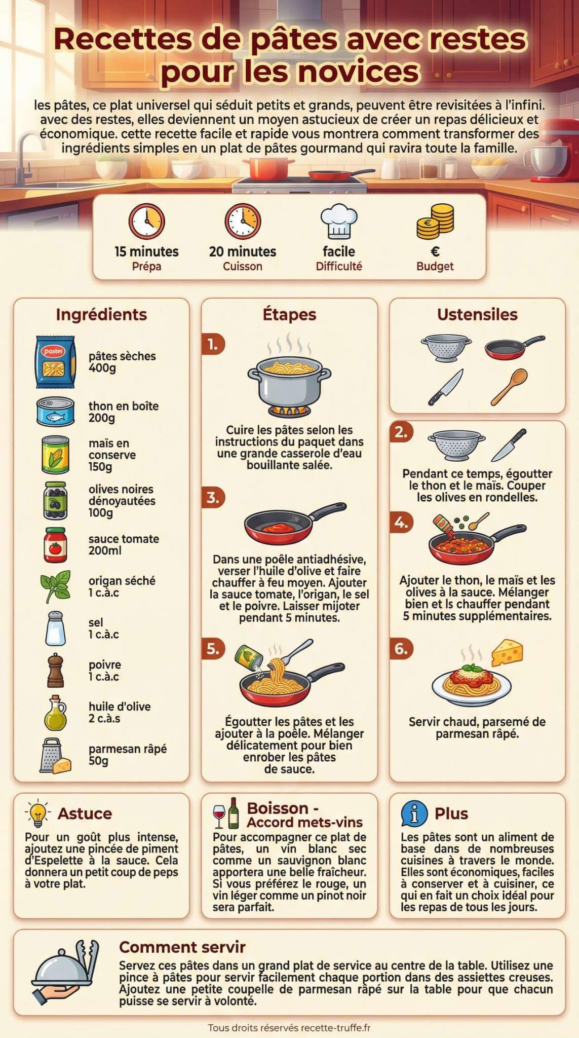 infographie de la recette Recettes de p&acirc;tes avec restes pour les novices