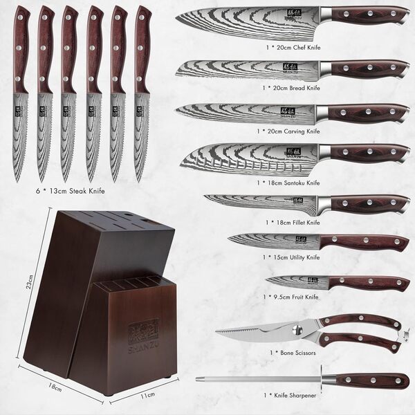 SHAN ZU Ensemble de Couteaux, 16 PCS Ensemble de Couteaux de Cuisine en Acier Inoxydable Allemand pour la Cuisine avec Bloc, Set de Couteaux de Chef Professionnel Ultra-tranchant avec Aiguiseur
