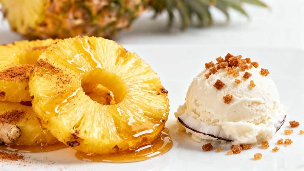 Carpaccio d'ananas rôti au miel et épices douces, sorbet coco