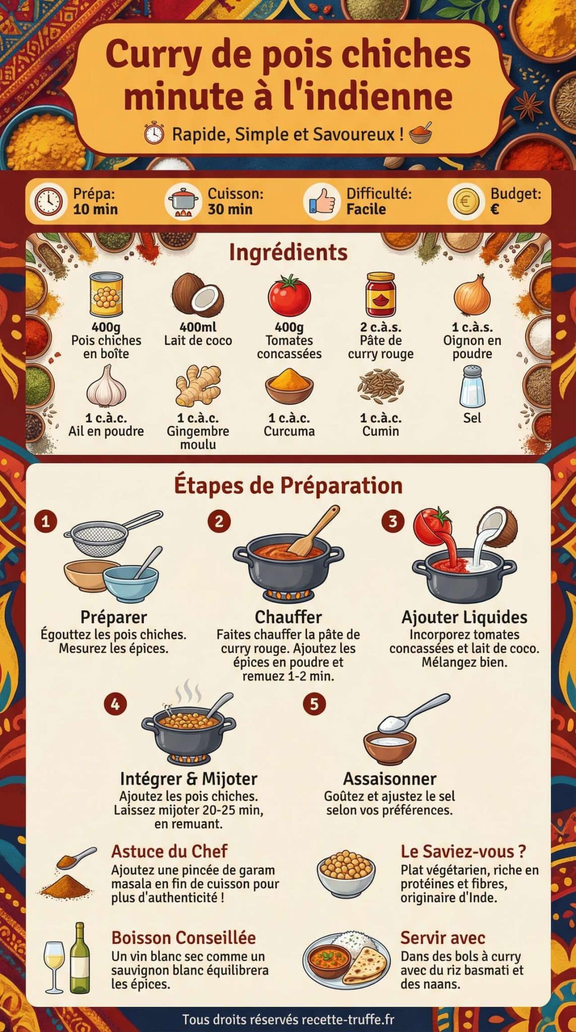 Infographie de la recette Curry de pois chiches minute &agrave; l'indienne