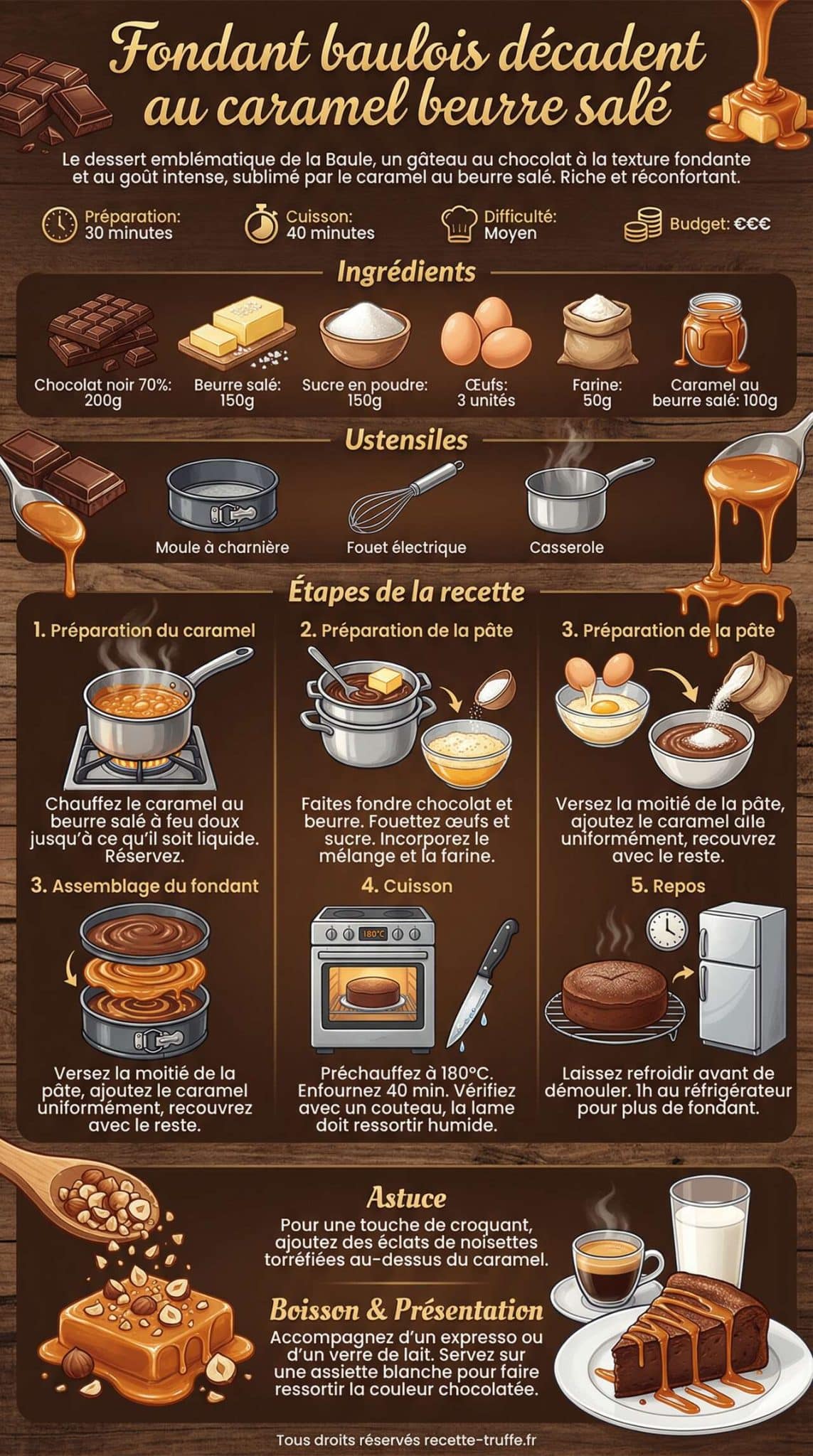Infographie de la recette Fondant baulois d&eacute;cadent au caramel beurre sal&eacute;