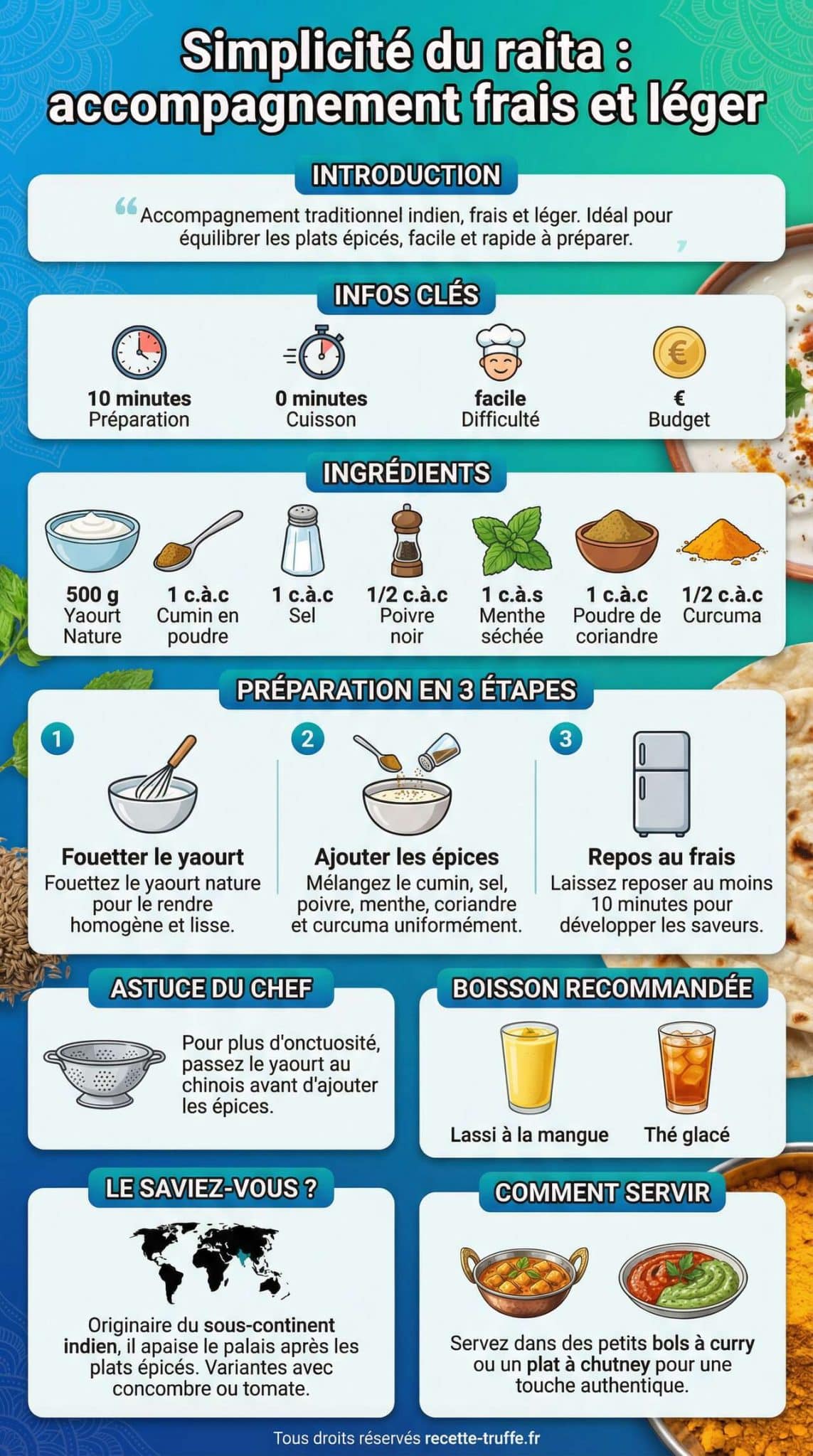 Infographie de la recette Simplicit&eacute; du raita : accompagnement frais et l&eacute;ger