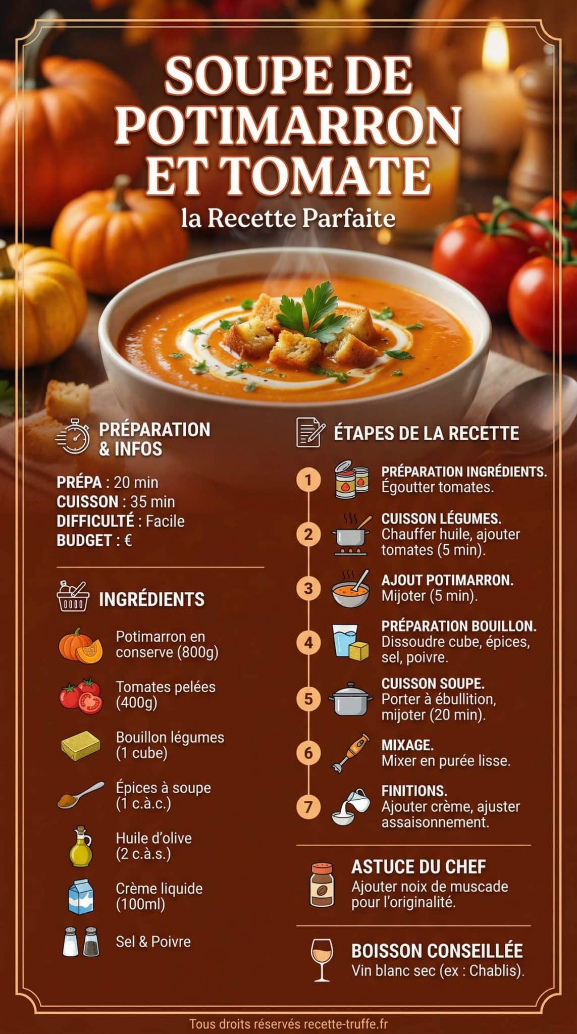 Infographie de la recette Soupe de Potimarron et Tomate : la Recette Parfaite