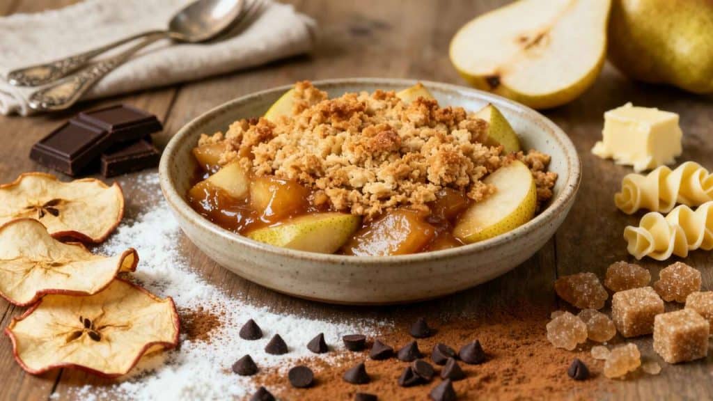 Crumble pommes poires : recette à la cannelle et chocolat