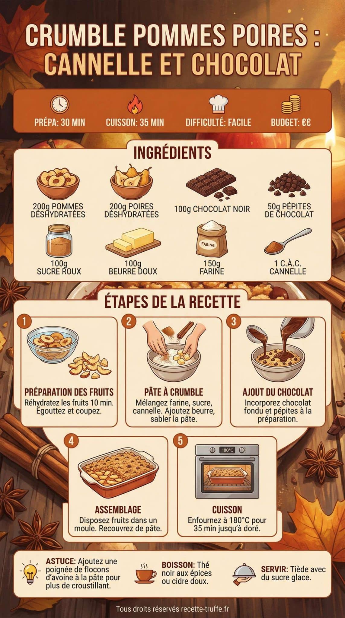 Infographie de la recette Crumble pommes poires : recette &agrave; la cannelle et chocolat