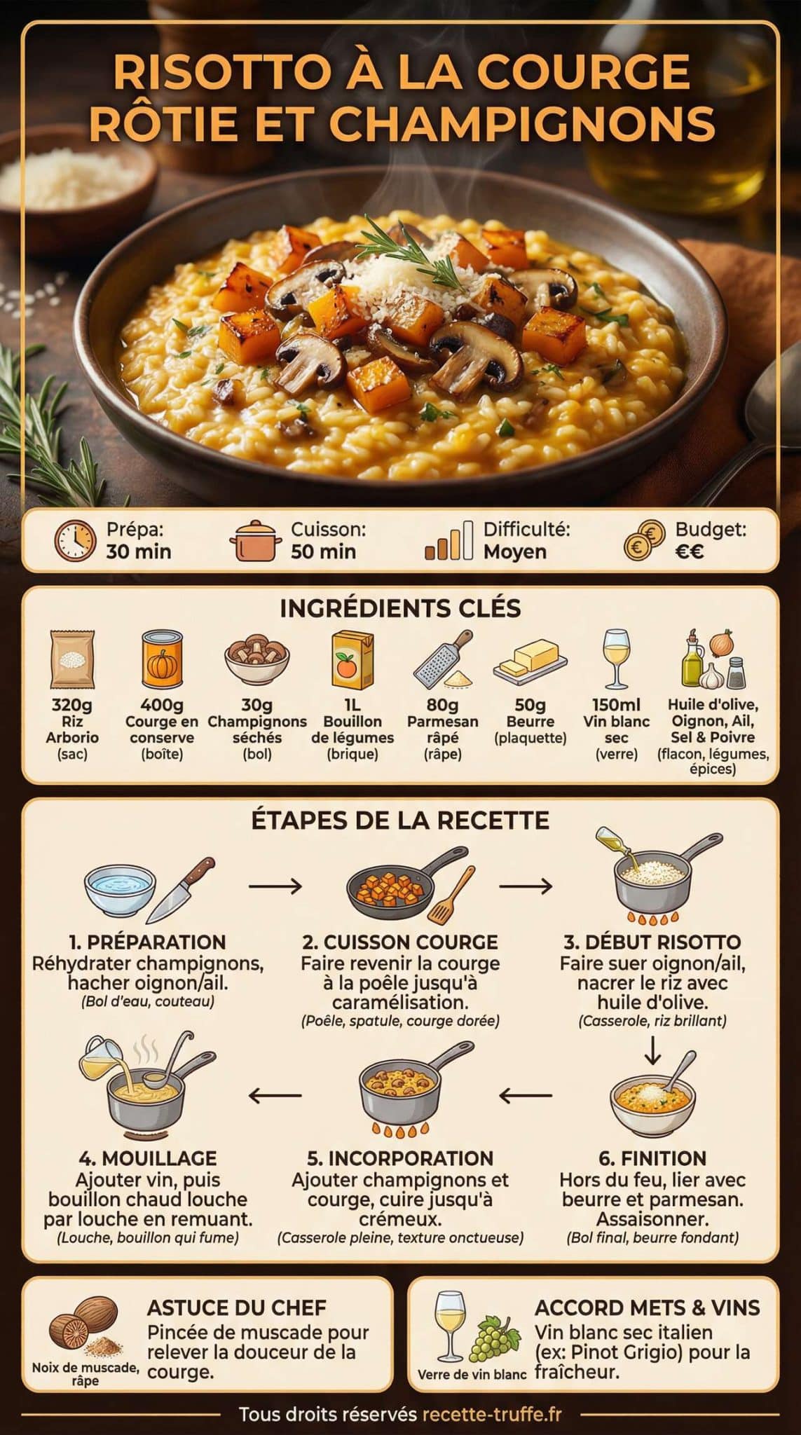 Infographie de la recette Recette de risotto &agrave; la courge r&ocirc;tie et champignons