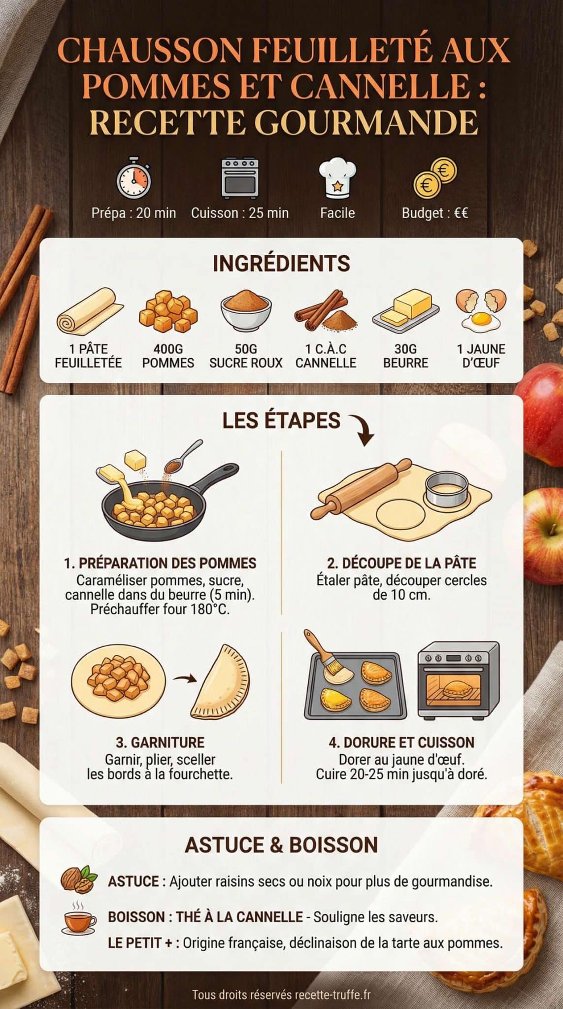 Infographie de la recette Chausson feuillet&eacute; aux pommes et cannelle : recette gourmande