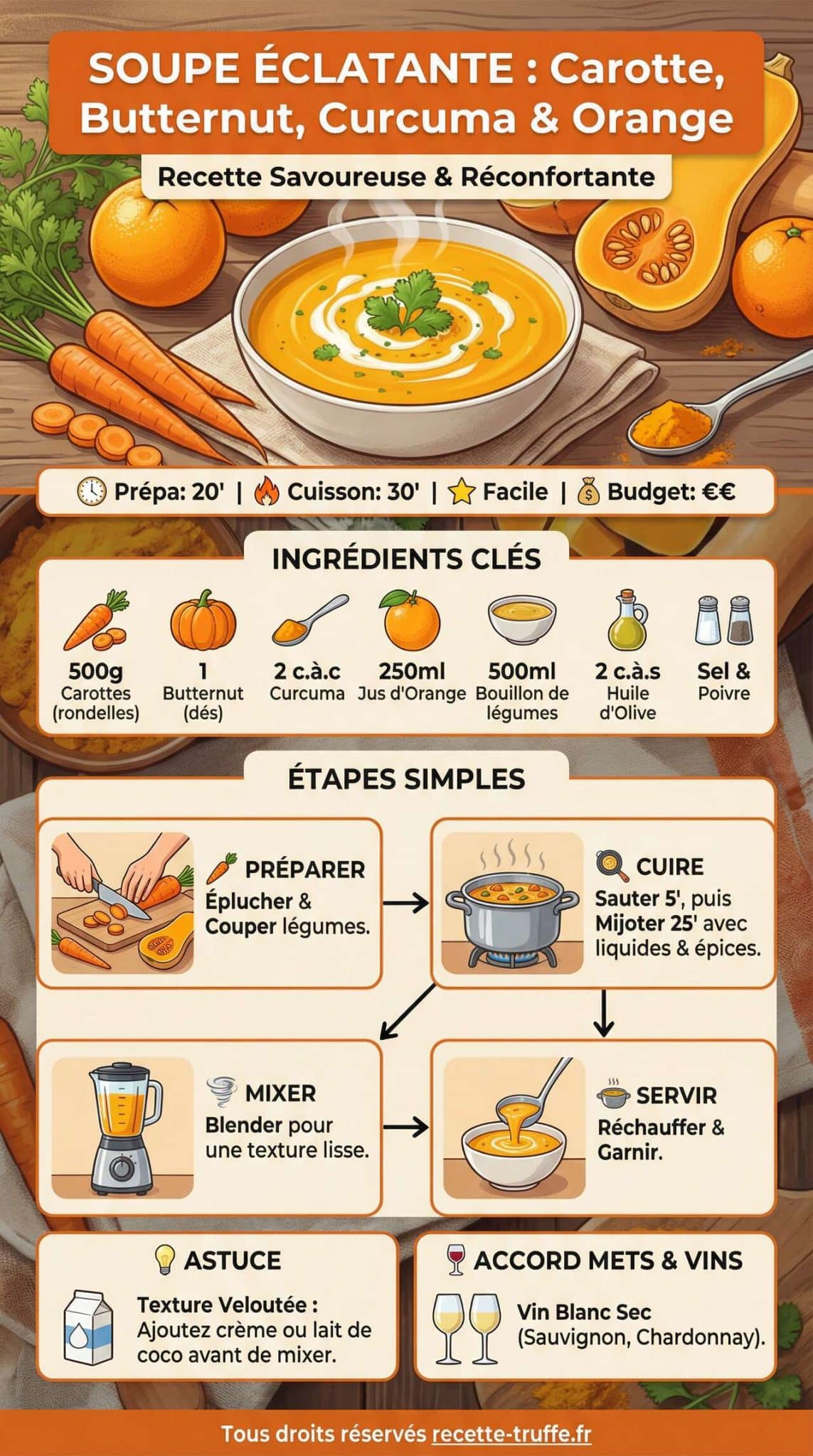 Infographie de la recette Soupe de carotte, butternut, curcuma et orange : recette savoureuse