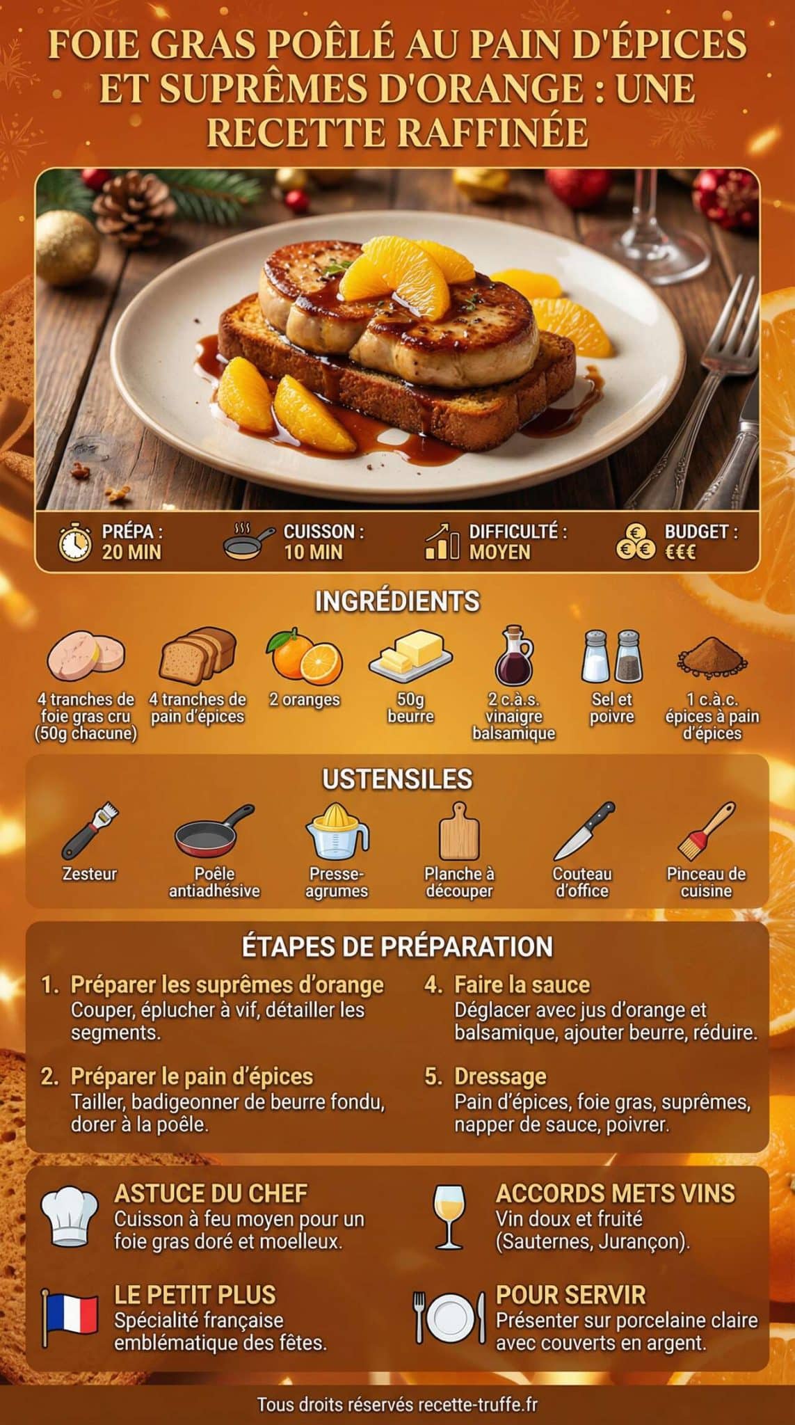 Infographie de la recette Foie gras po&ecirc;l&eacute; au pain d'&eacute;pices et supr&ecirc;mes d'orange : une recette raffin&eacute;e