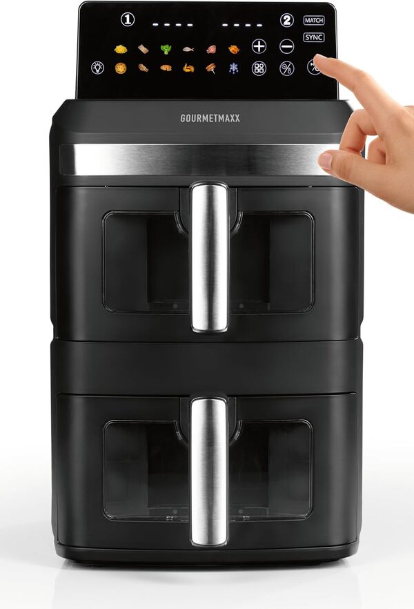GOURMETmaxx FryUp XL Friteuse à air chaud verticale à double chambre avec fenêtre de visualisation - 12 L | Avec écran tactile LED multicolore et 12 programmes | 2 chambres avec chaleur supérieure