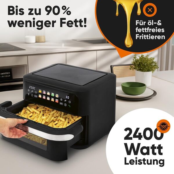 Friteuse à air chaud ProfiCook® XXL | 10 L | Sans huile ni graisse | Écran tactile couleur | Airfryer 2400 W | Friteuse à air chaud 2 compartiments | 10 programmes | 80-200 °C | PC-FR 1313 H