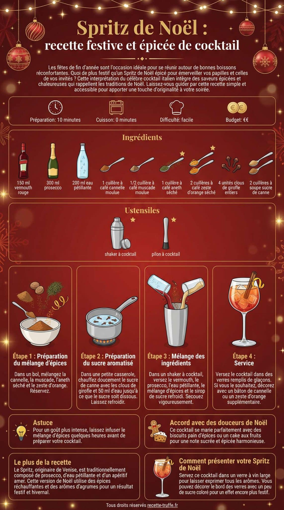 Infographie de la recette Spritz de No&euml;l : recette festive et &eacute;pic&eacute;e de cocktail