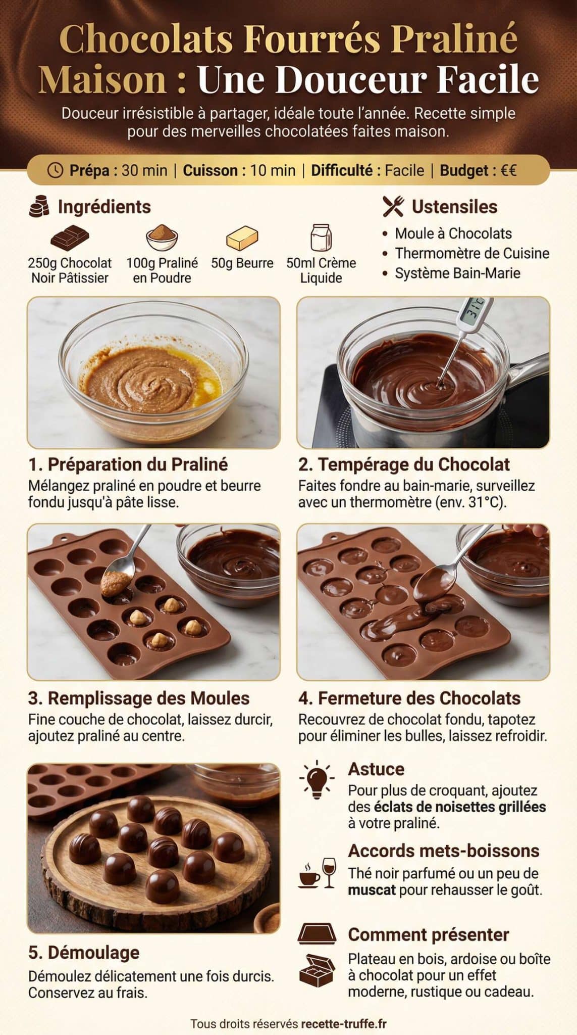 Infographie de la recette Chocolats fourr&eacute;s pralin&eacute; maison, une douceur facile