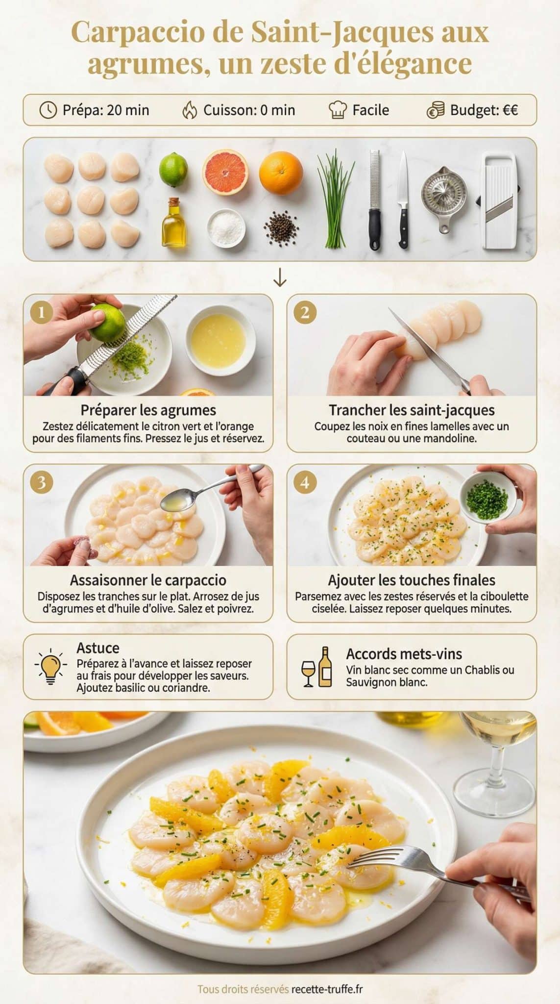 Infographie de la recette Carpaccio de Saint-Jacques aux agrumes, un zeste d'&eacute;l&eacute;gance