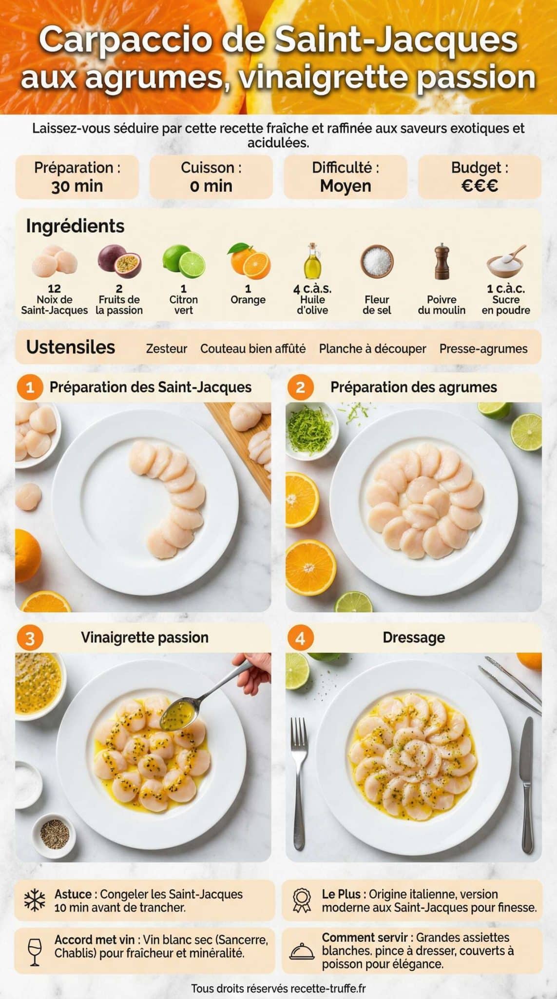 Infographie de la recette Carpaccio de Saint-Jacques aux agrumes, vinaigrette passion Infographie de la recette Carpaccio de Saint-Jacques aux agrumes, vinaigrette passion