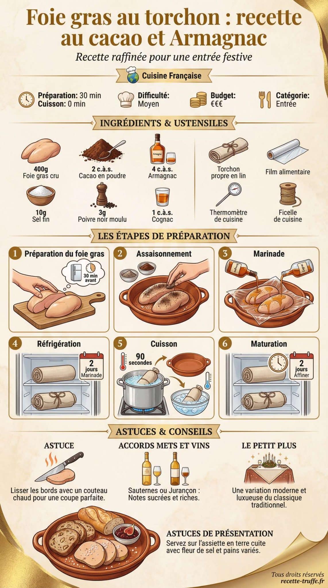 Infographie de la recette Foie gras au torchon : recette au cacao et Armagnac