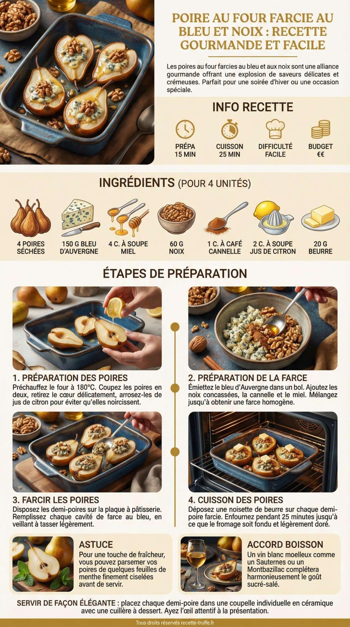 Fiche recette Poire au Four Farcie au Bleu et Noix : recette Gourmande et Facile