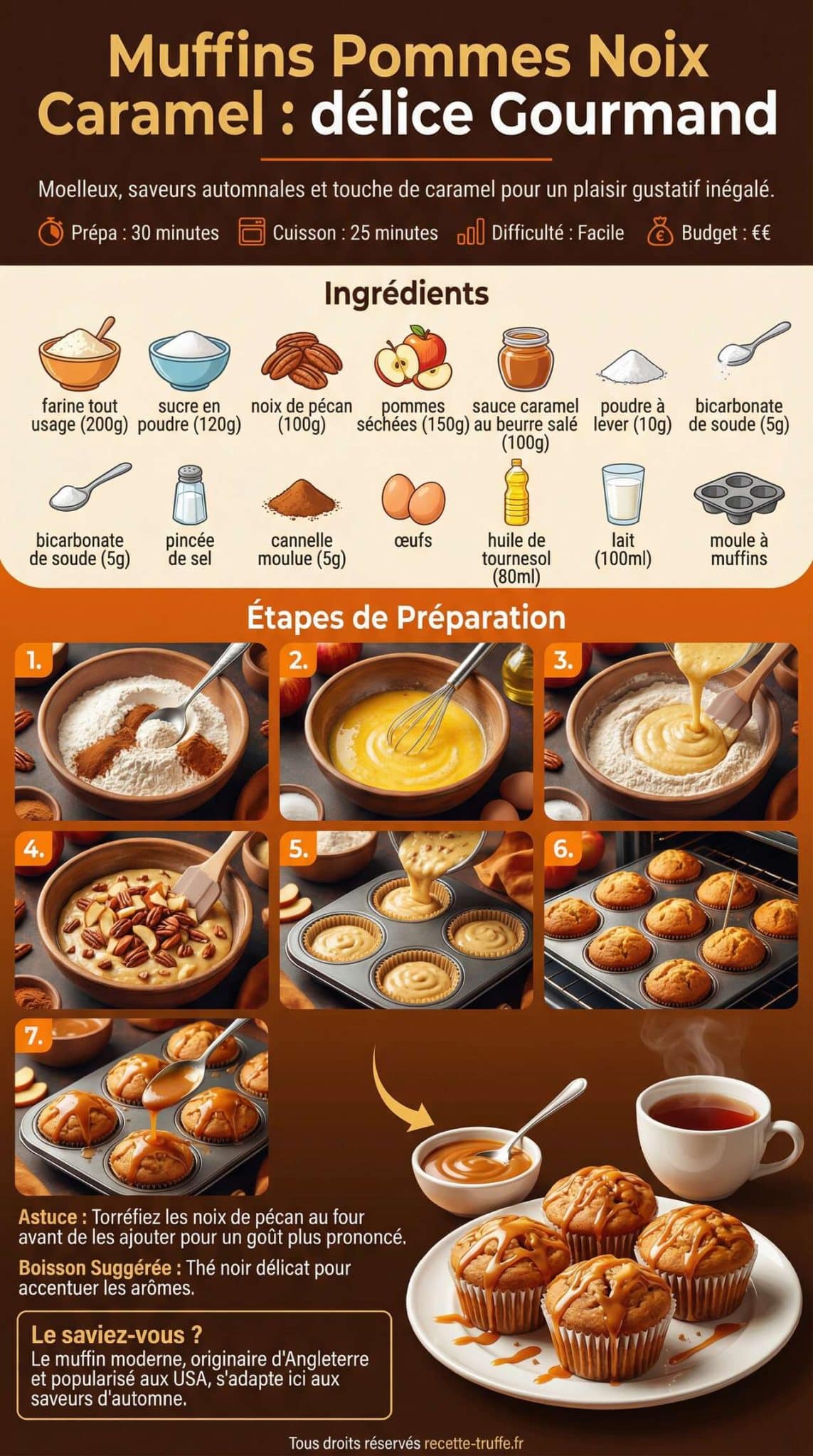 Fiche recette Muffins Pommes Noix Caramel : d&eacute;lice Gourmand