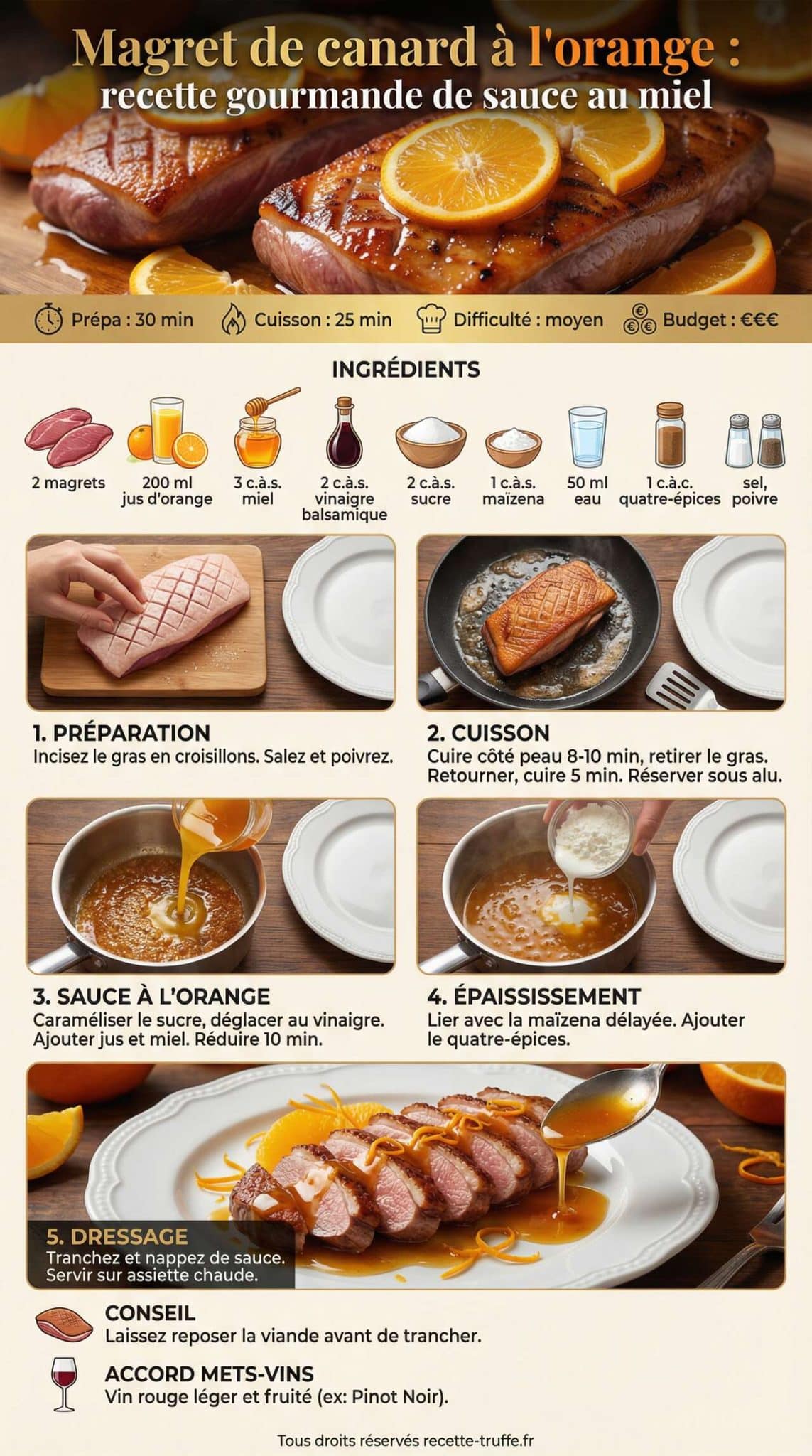 Fiche recette Magret de canard &agrave; l'orange : recette gourmande de sauce au miel