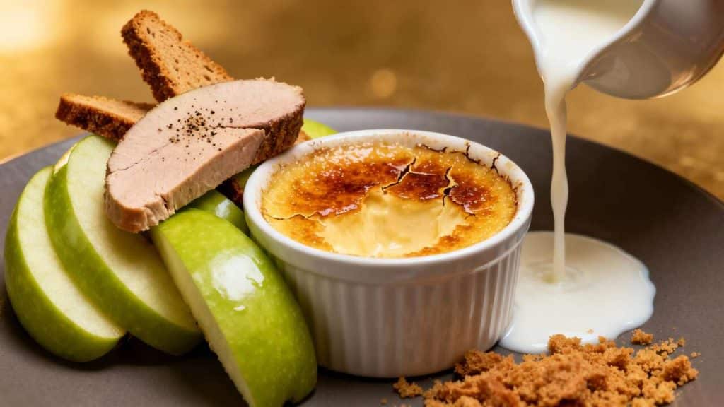Crème brûlée au foie gras, pomme verte et pain d'épices
