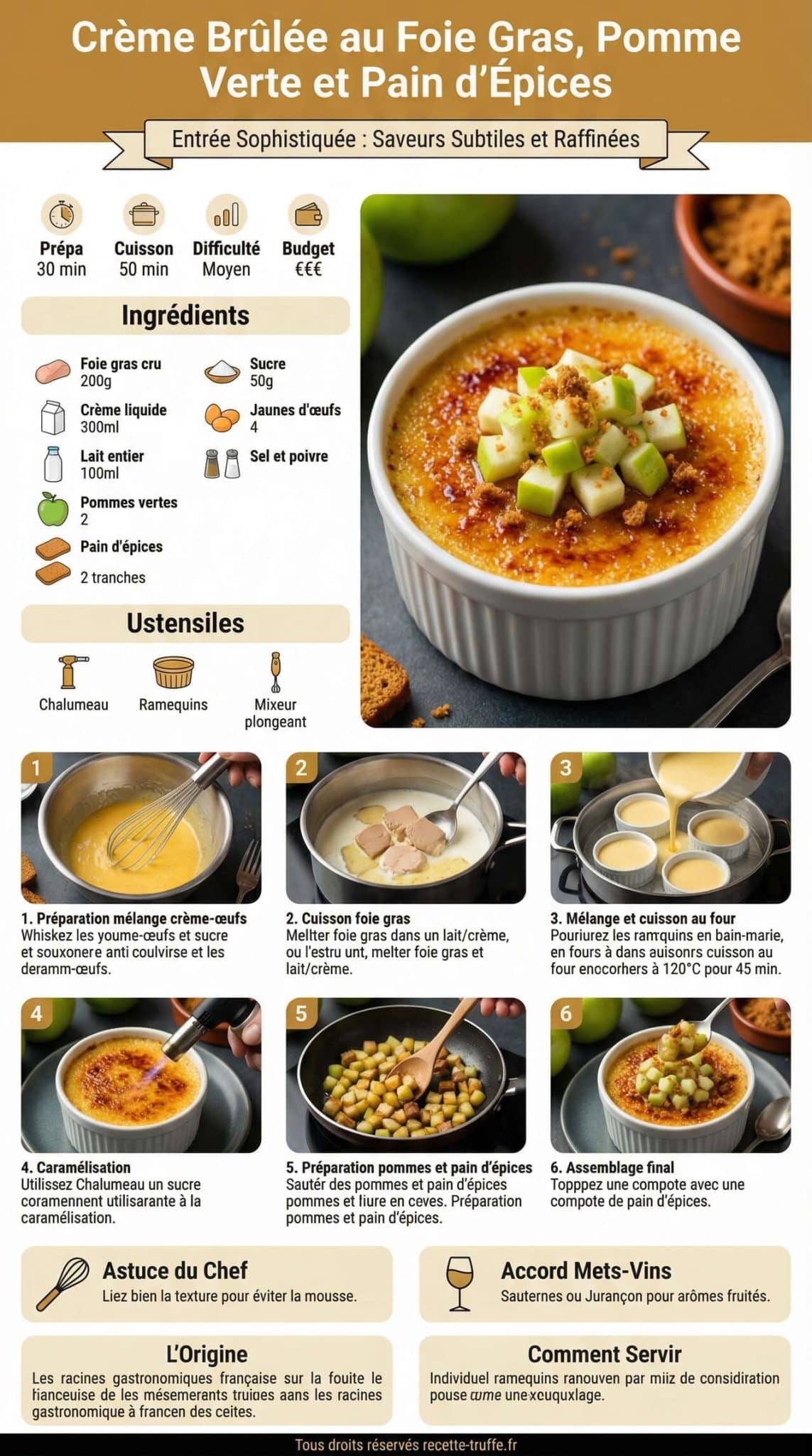 Fiche recette Cr&egrave;me br&ucirc;l&eacute;e au foie gras, pomme verte et pain d'&eacute;pices
