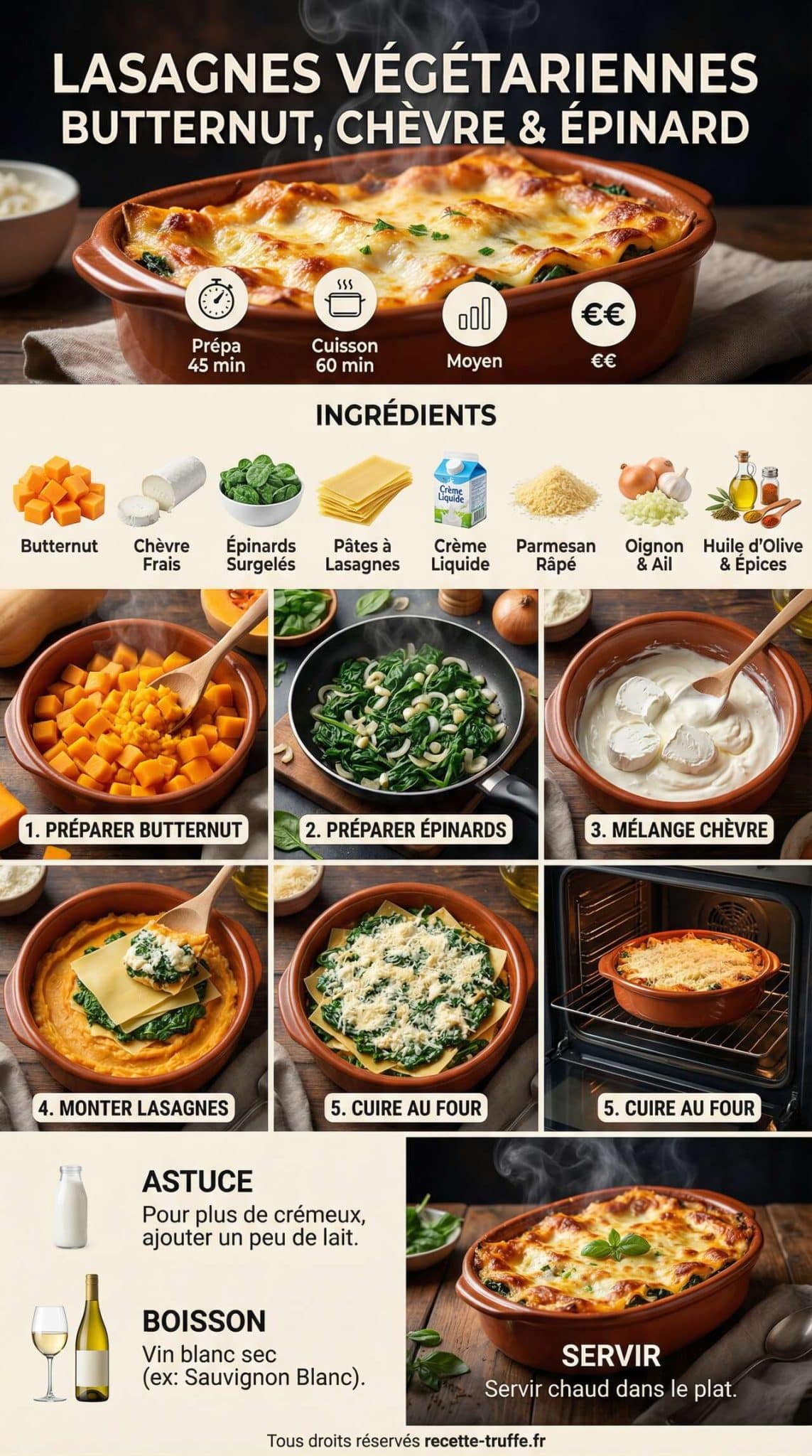 Fiche recette Lasagnes v&eacute;g&eacute;tariennes : butternut, ch&egrave;vre et &eacute;pinard