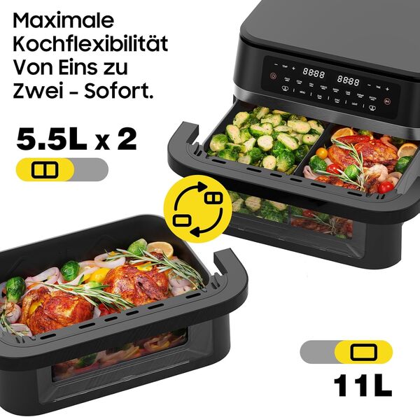 Air Fryer XXL 11L Dual Zone - 2950W Friteuse à Air avec séparateur amovible, 8 programmes, grande fenêtre, Fonction SYNC et DUAL, Friteuse sans huile pour Contrôle précis & cuisson flexible