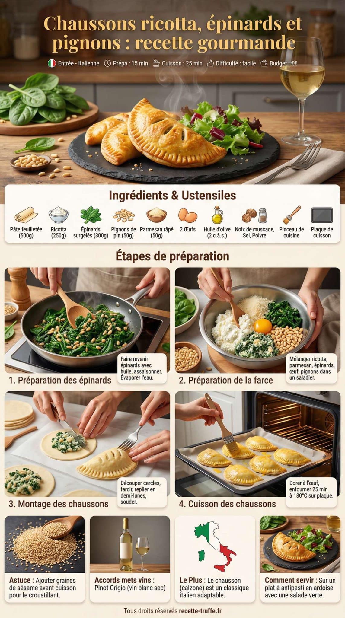 Fiche recette Chaussons ricotta, &eacute;pinards et pignons : recette gourmande